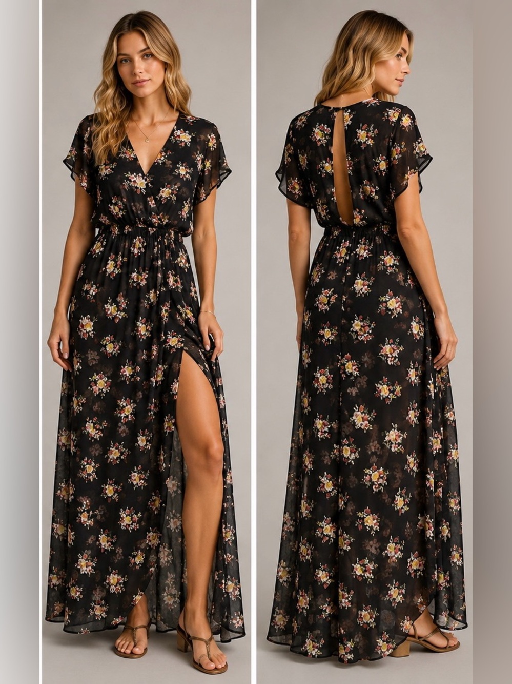 Black Sheer Floral Maxi Duster & Swim Coverup M Whimsigoth Resort Wear Romantic